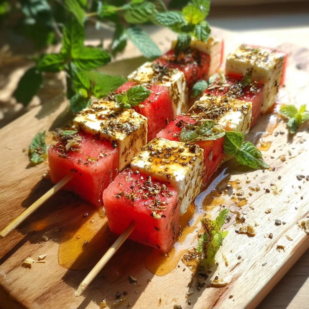juicy watermelon feta skewers with fresh mint and balsamic glaze on wooden board