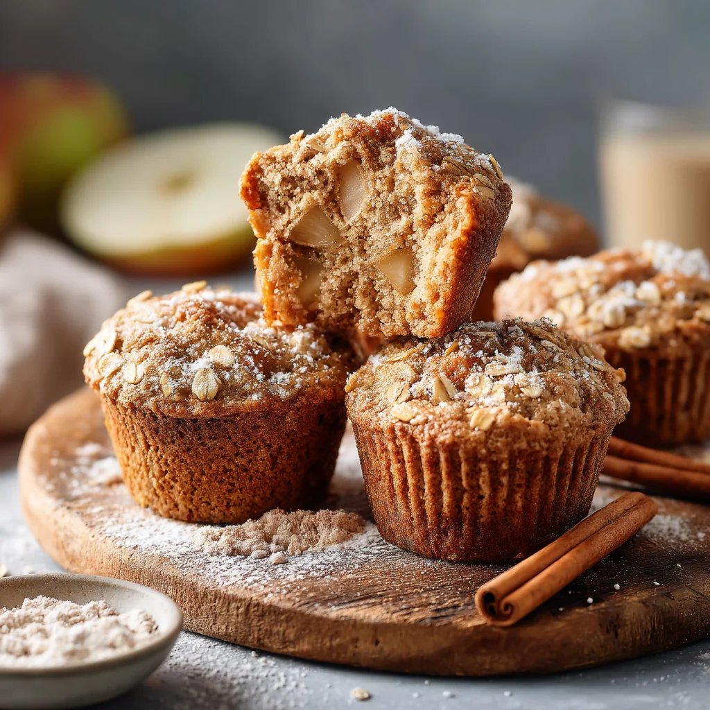 freshly baked apple cinnamon protein muffins with golden tops and visible chunks of apple