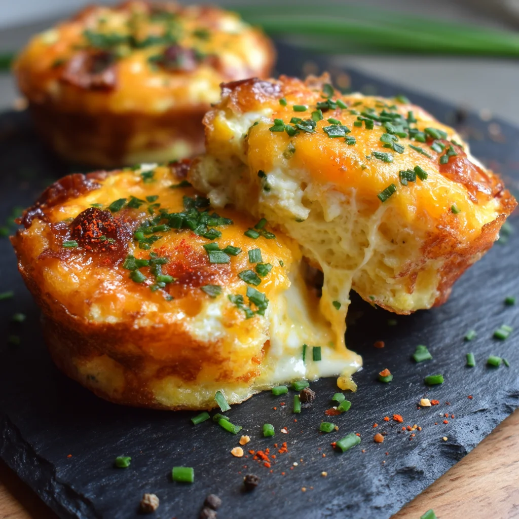 golden bacon cheddar egg bites in a white ceramic dish, topped with melted cheese and fresh chives