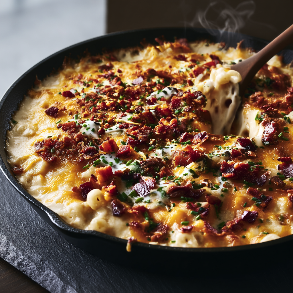 Close-up of the creamy, cheesy texture of bacon ranch mac and cheese with crispy bacon and a melty cheese pull
