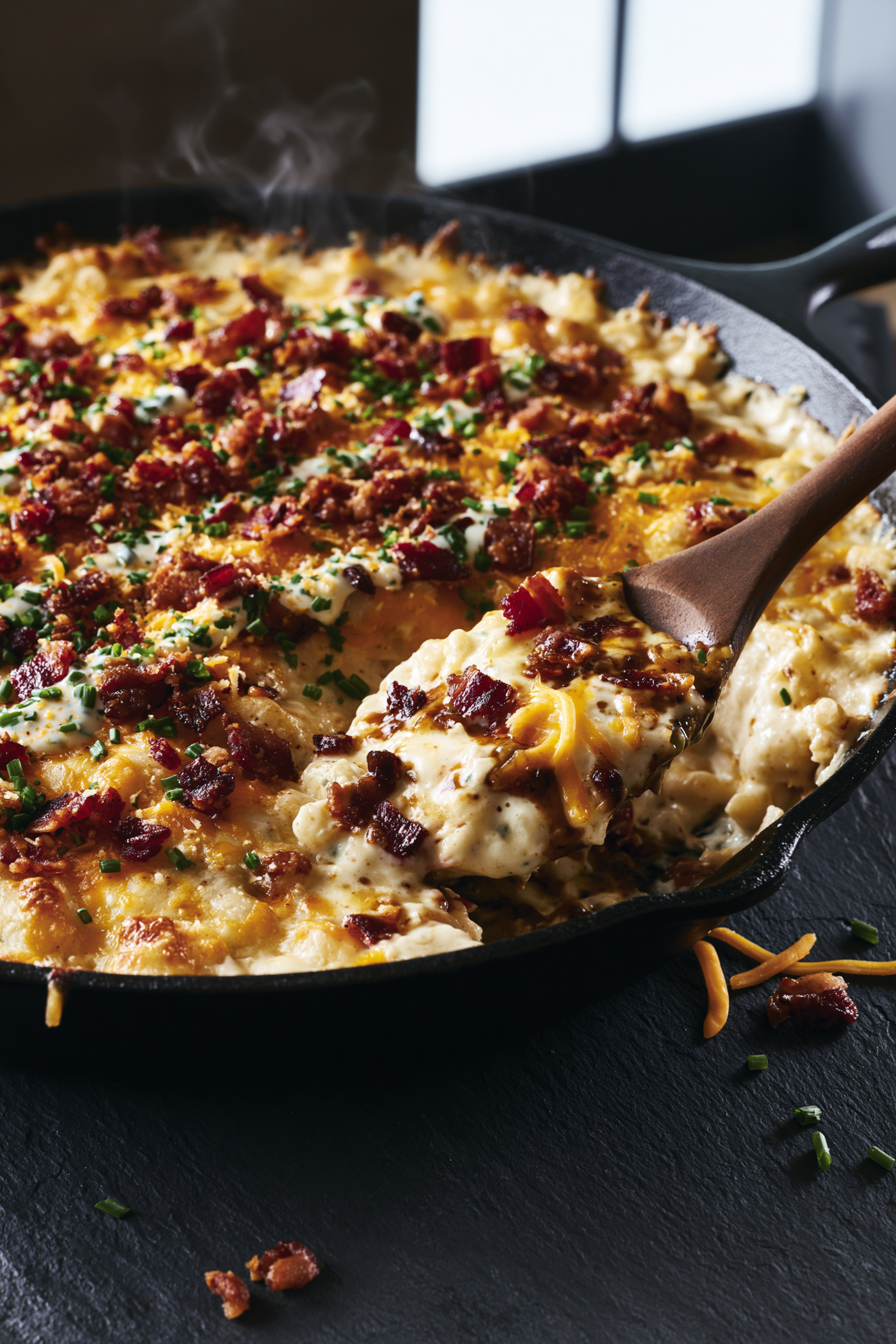 Bacon ranch mac and cheese topped with crispy bacon, ranch drizzle, and chives, a high protein dinner