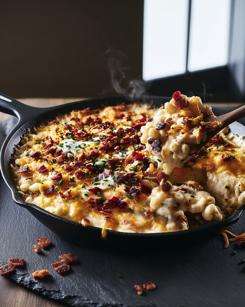 A single bowl of bacon ranch mac and cheese garnished with crispy bacon, ranch drizzle, and chives