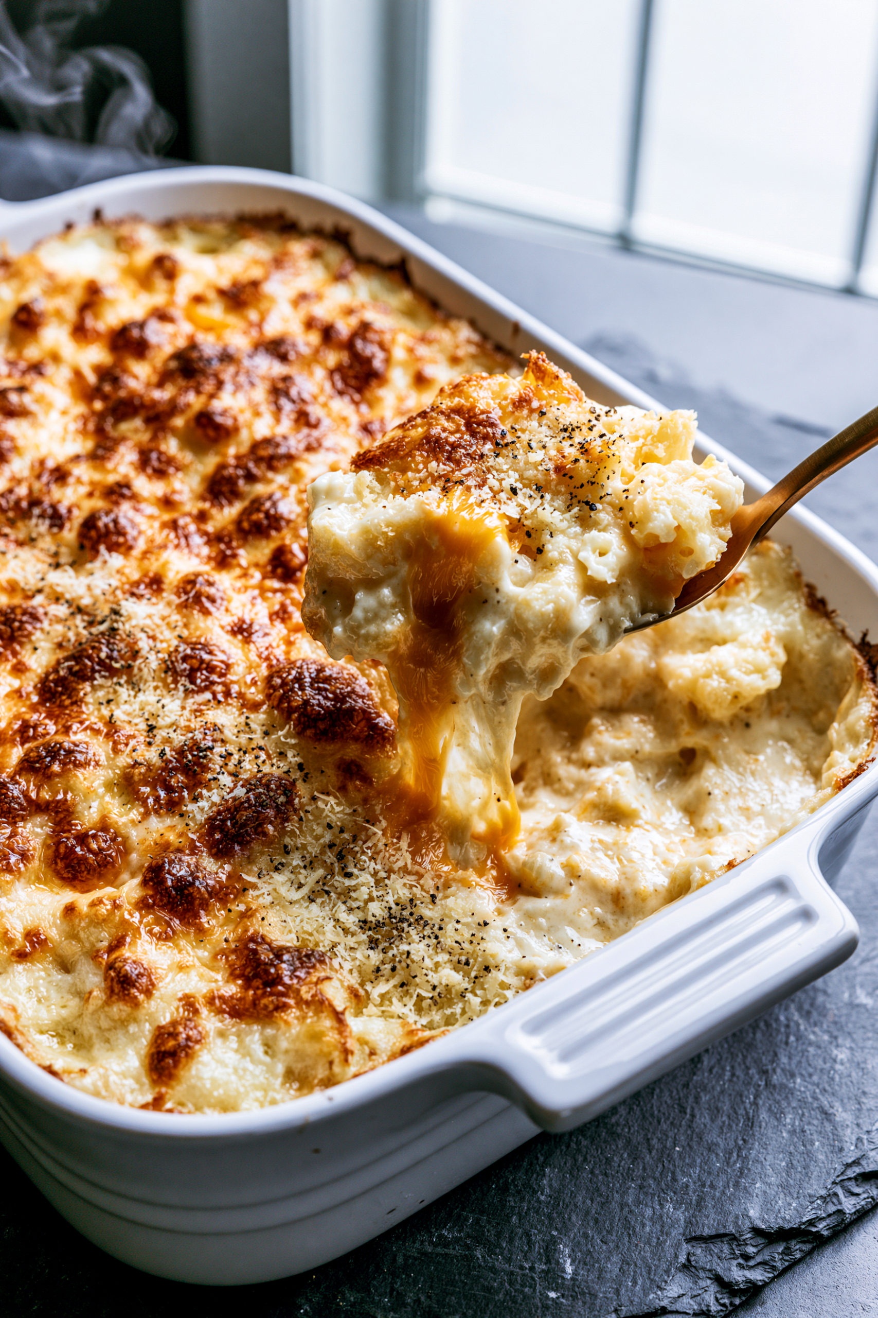 Baked three cheese mac and cheese with a golden gratin top and melty cheese pull, a high protein dinner
