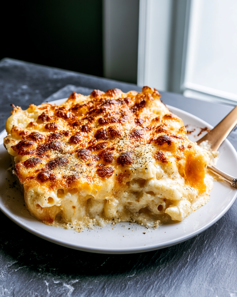A plated serving of baked three cheese mac and cheese with a golden crust and grated parmesan