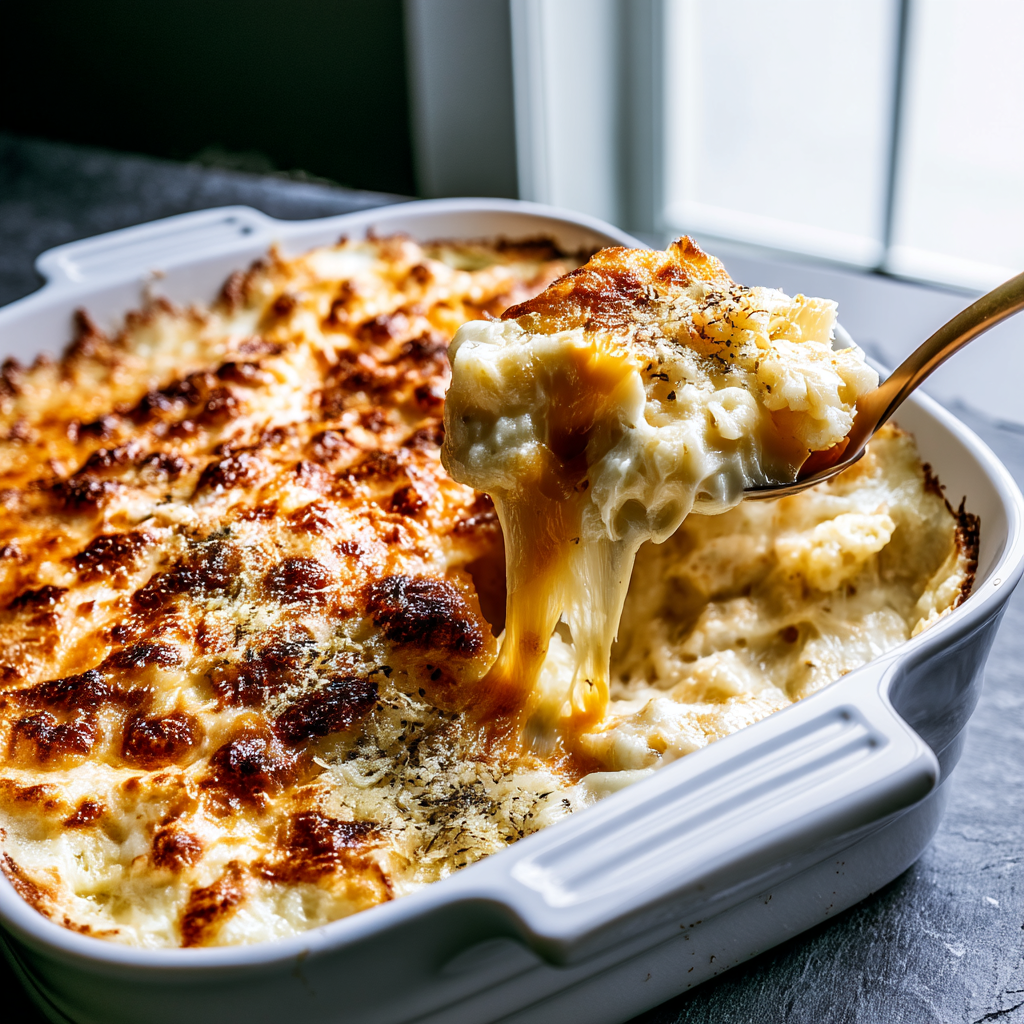 Close-up of the golden crust and creamy interior of three cheese mac and cheese with a cheese pull
