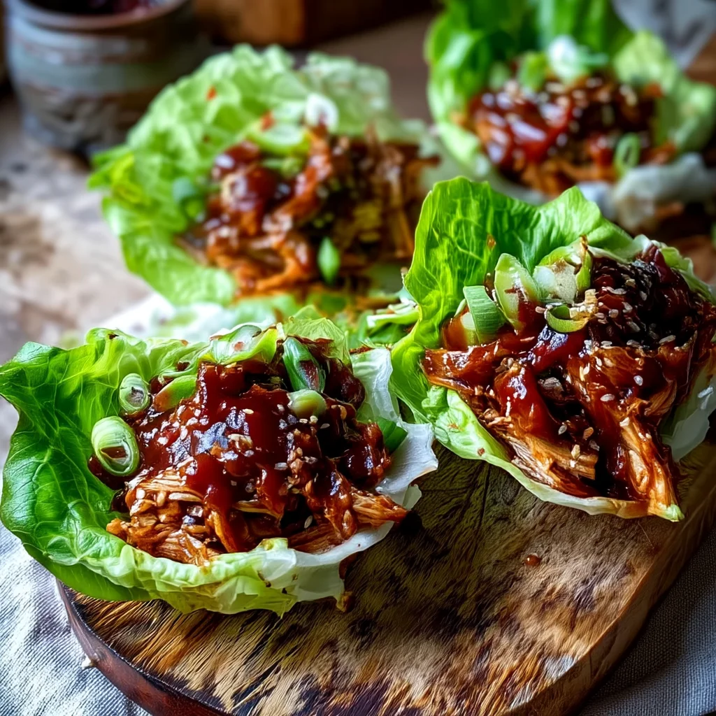 bbq turkey lettuce wraps with glossy sauce in crisp lettuce cups, topped with sesame seeds and green onions