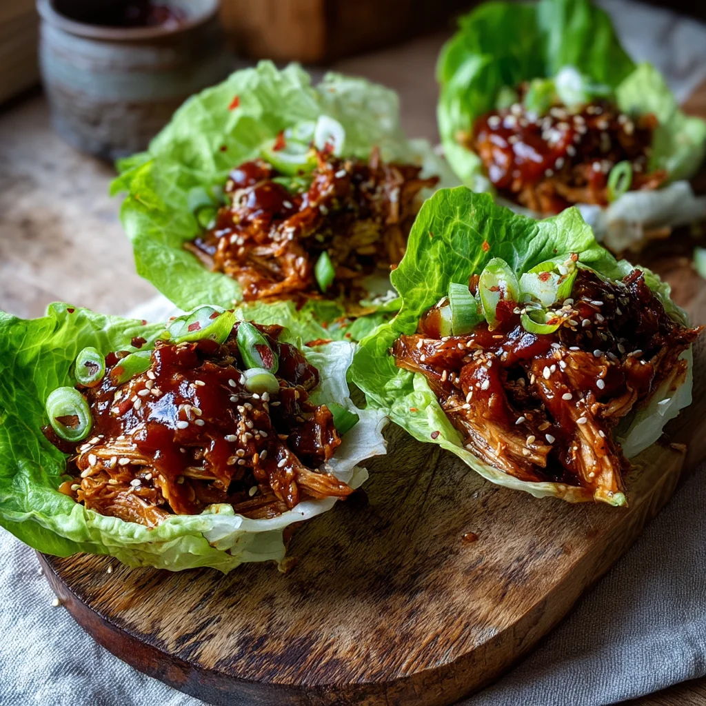 bbq turkey lettuce wraps with glossy sauce and fresh herbs in a white ceramic dish
