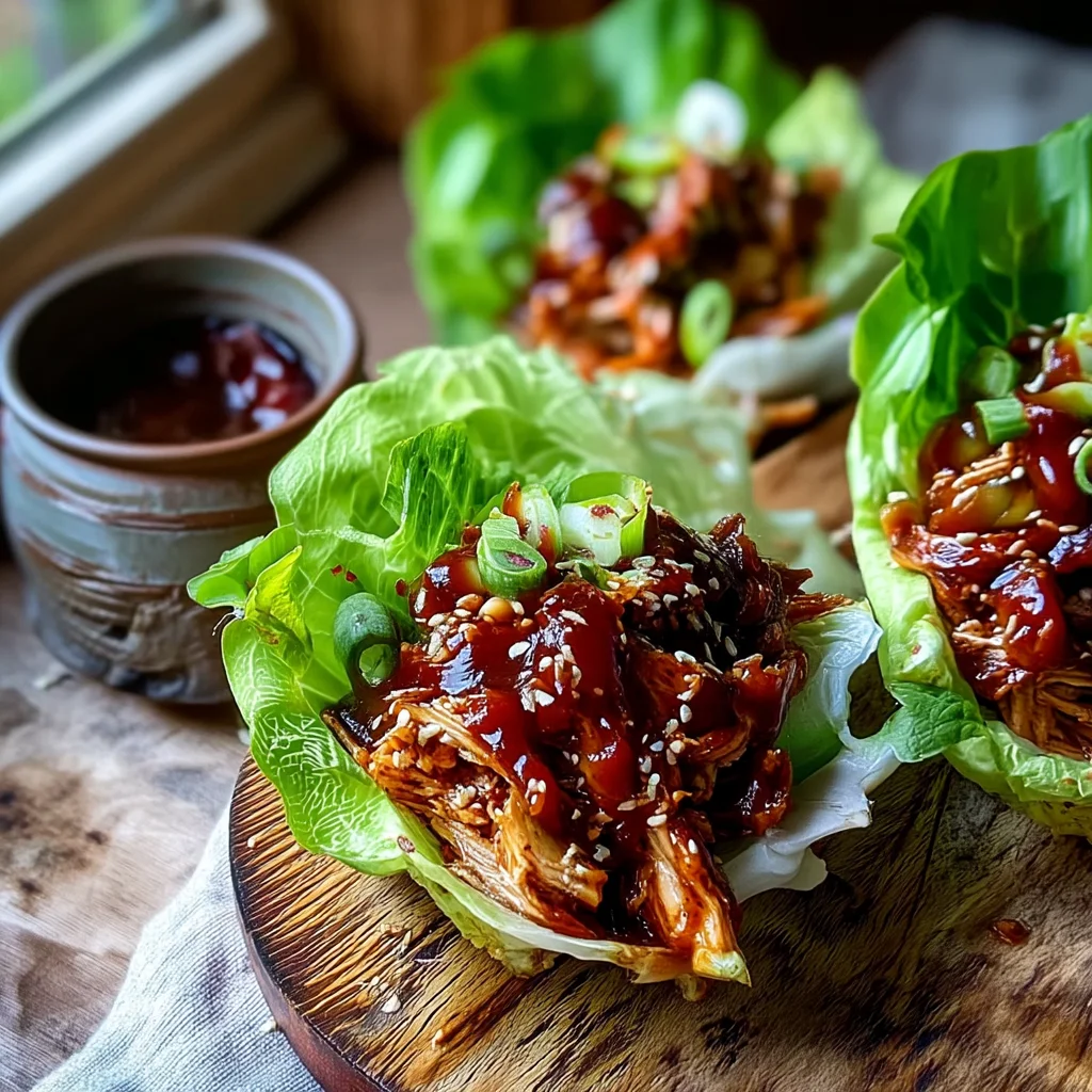 bbq turkey lettuce wraps with glazed meat and crisp lettuce cups on a white plate