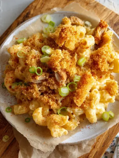 creamy chipspulled pork mac and cheese with golden crust and fresh herbs in white ceramic dish