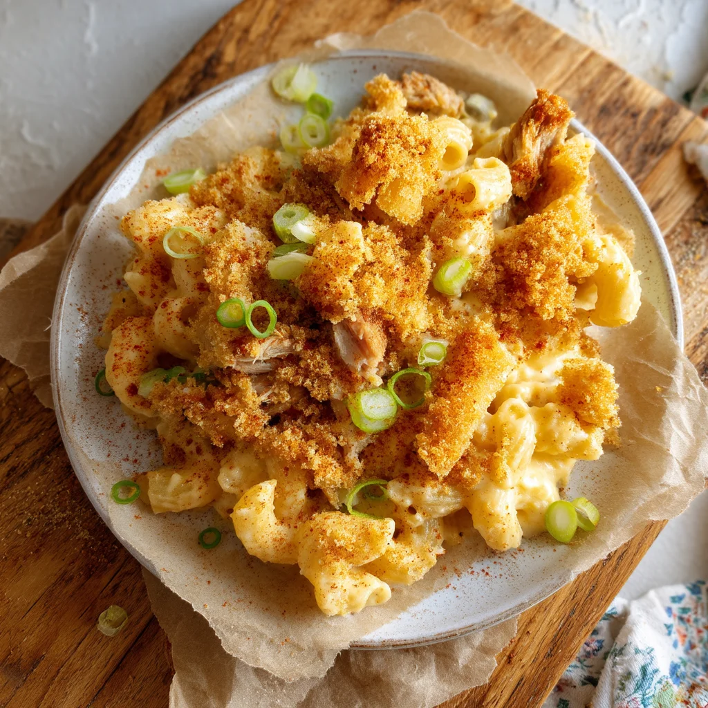 creamy chipspulled pork mac and cheese with golden crust and fresh herbs in white ceramic dish