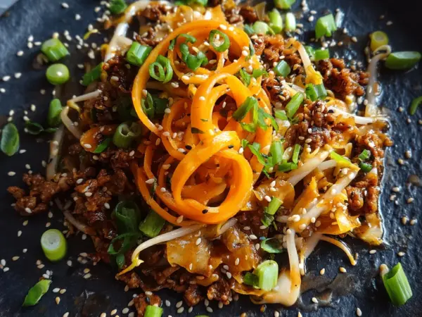 sizzling egg roll bowl with crispy pork, shredded cabbage and a glossy sesame soy sauce coating