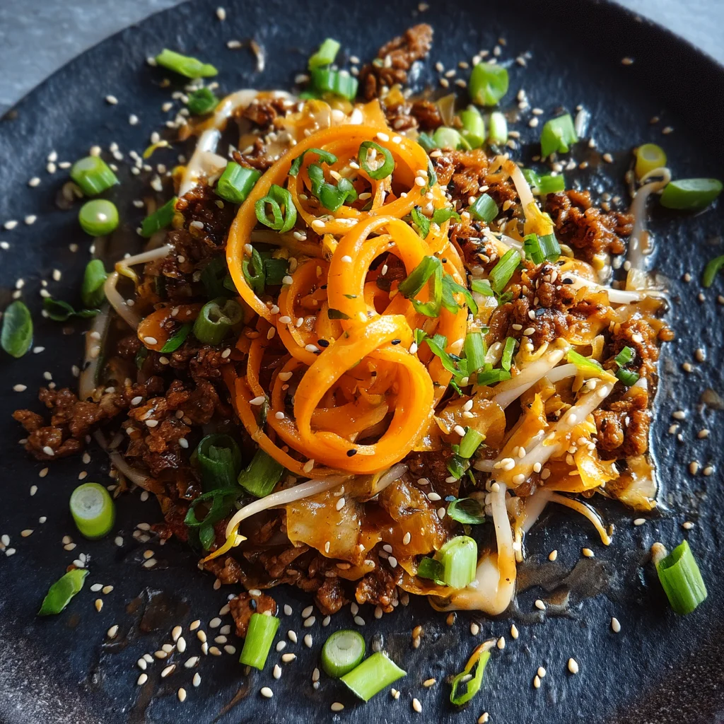 sizzling egg roll bowl with crispy pork, shredded cabbage and a glossy sesame soy sauce coating