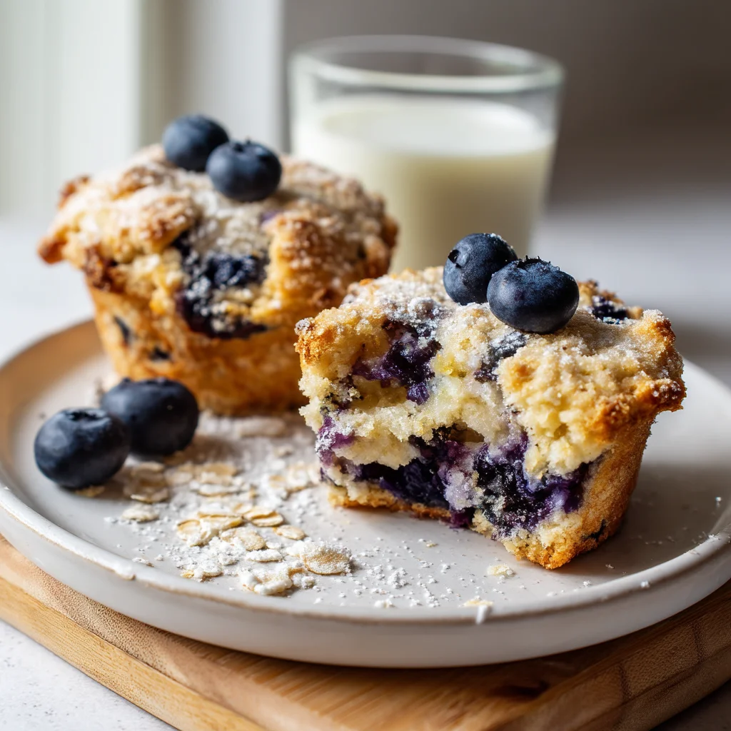 freshly baked blueberry protein muffins with golden tops and juicy berries bursting through the batter