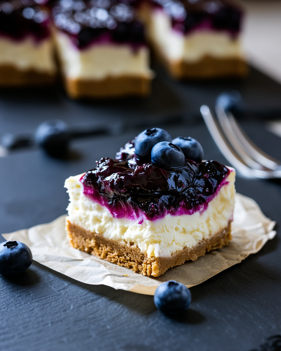 Close-up of the creamy layers of a blueberry cheesecake bar with graham crust and glossy blueberry topping