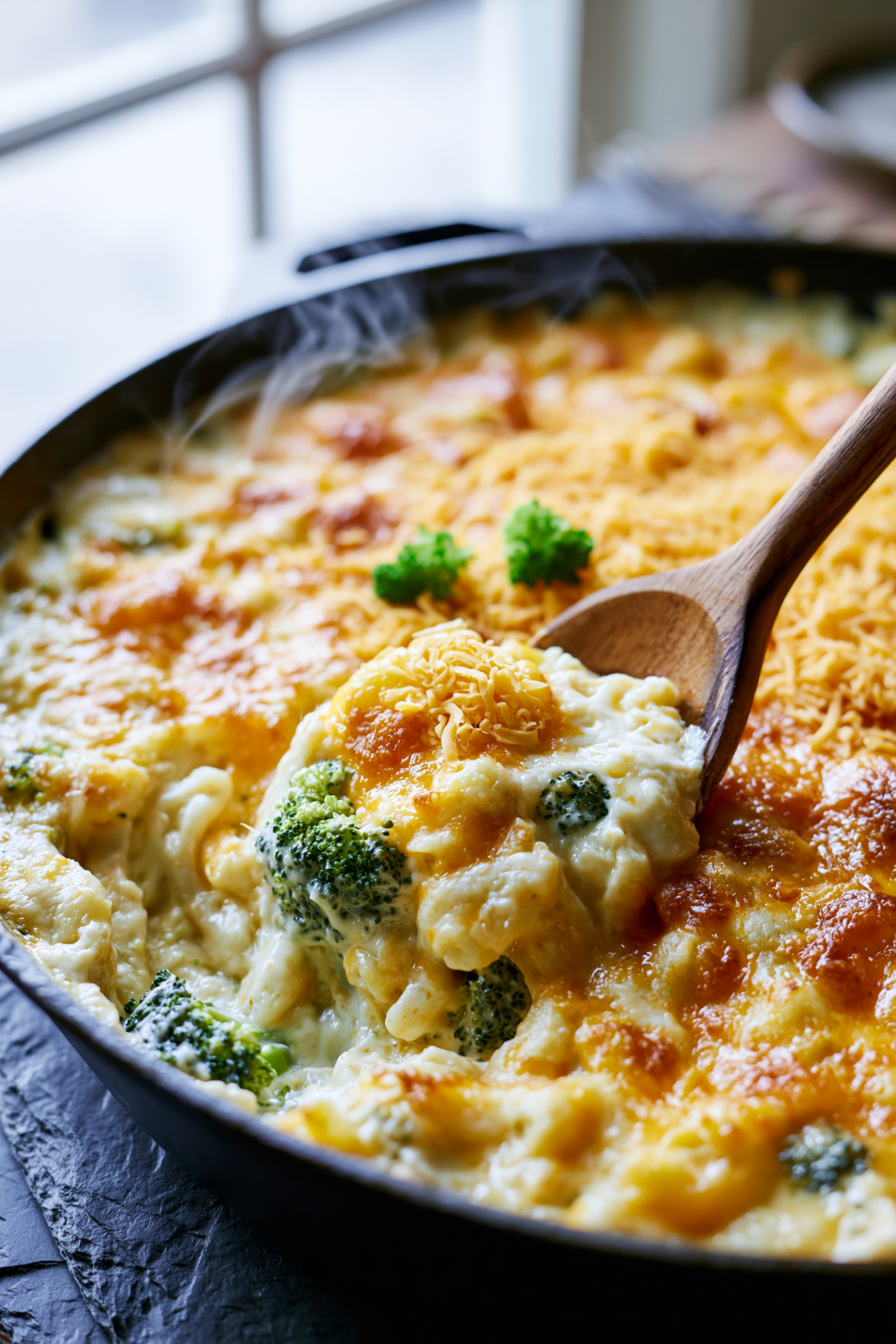 Broccoli cheddar mac and cheese with tender broccoli florets and melted cheddar, a high protein dinner