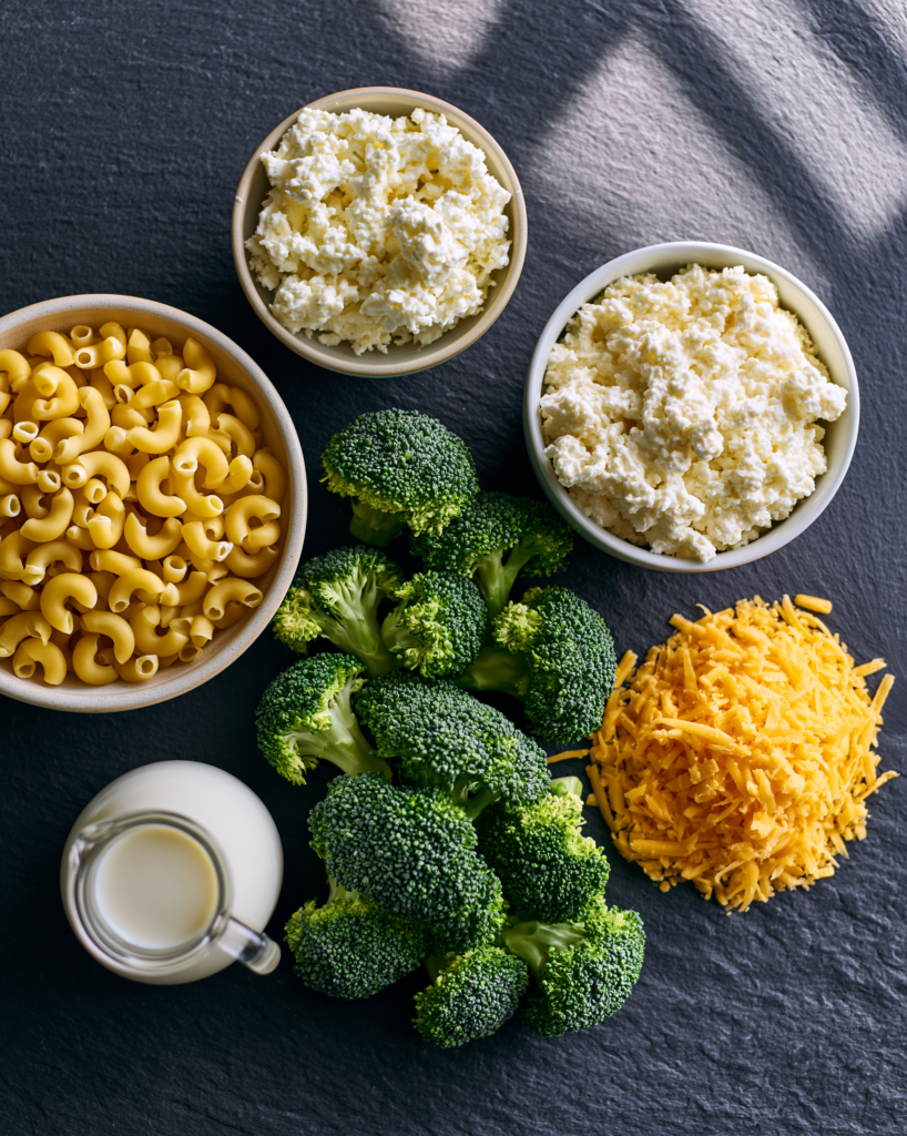 Flat lay of broccoli cheddar mac and cheese ingredients: macaroni, cottage cheese, broccoli, cheddar, milk