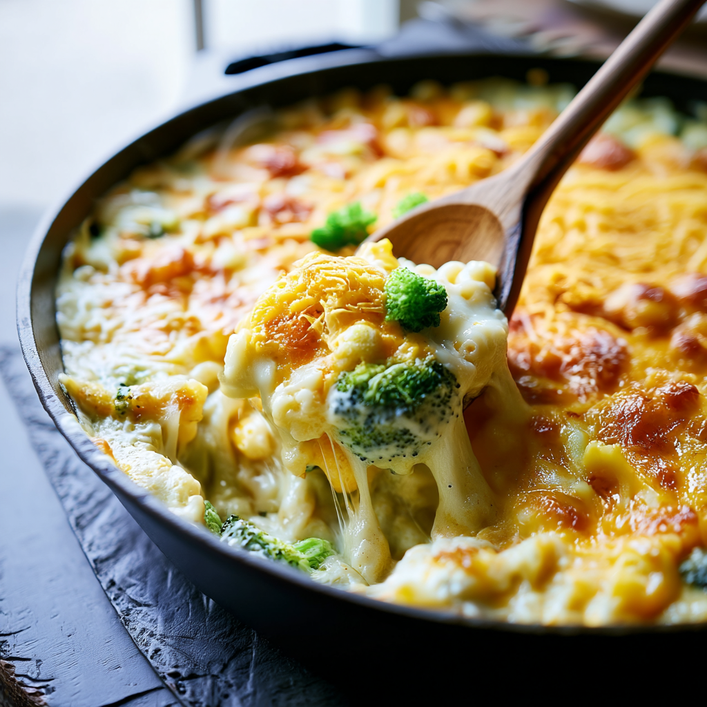 Close-up of the creamy texture of broccoli cheddar mac and cheese with a cheese-coated broccoli floret
