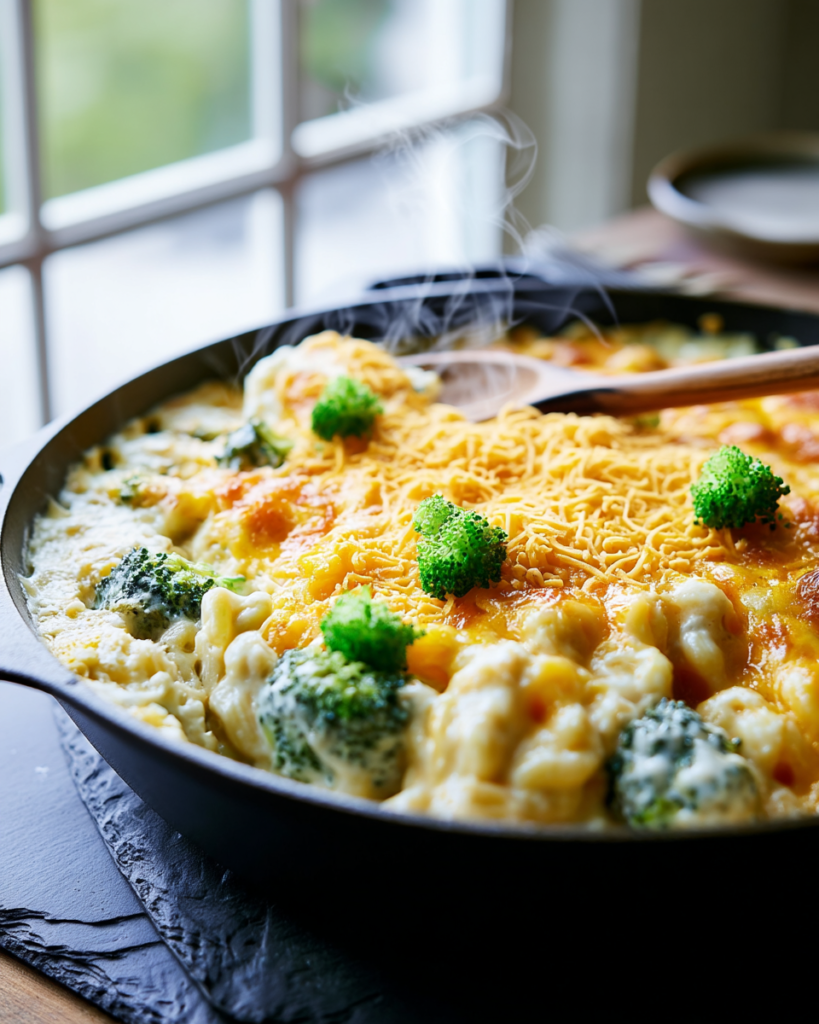 A single bowl of broccoli cheddar mac and cheese with tender broccoli florets and shredded cheddar