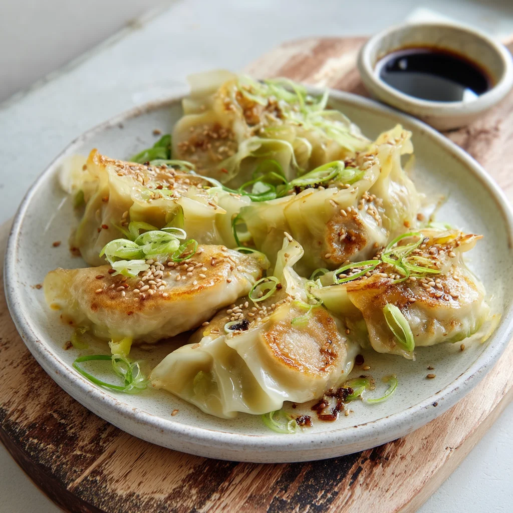 golden cabbage dumplings in creamy glossy sauce, garnished with fresh herbs, served in a white ceramic dish