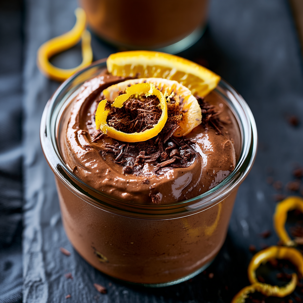 Close-up of the silky smooth texture of chocolate orange mousse topped with orange zest and chocolate shavings