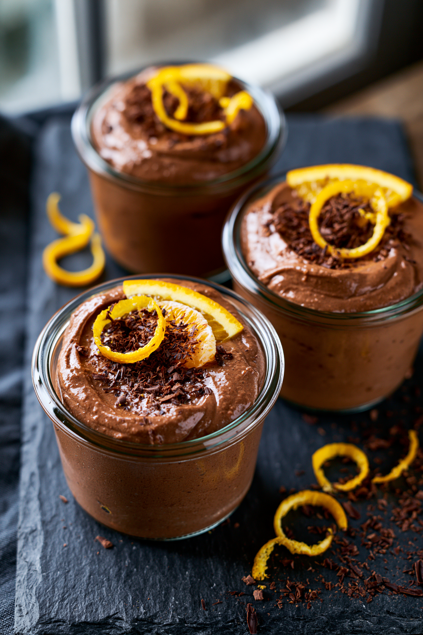 Chocolate orange mousse topped with orange zest and dark chocolate shavings, a high protein snack