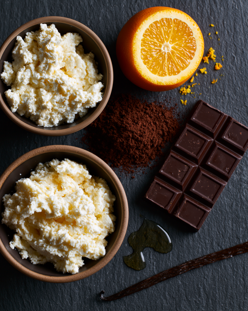 Flat lay of chocolate orange mousse ingredients: cottage cheese, cocoa, dark chocolate, fresh orange, honey
