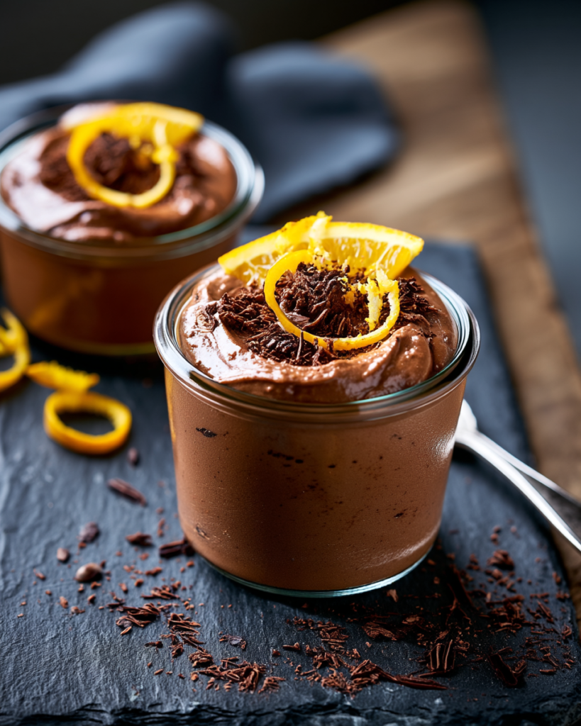 A single serving of chocolate orange mousse garnished with orange zest and dark chocolate shavings