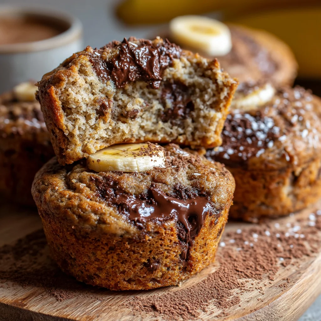 freshly baked chocolate banana protein muffins with melty chocolate chips and cracked tops on a rustic wooden board
