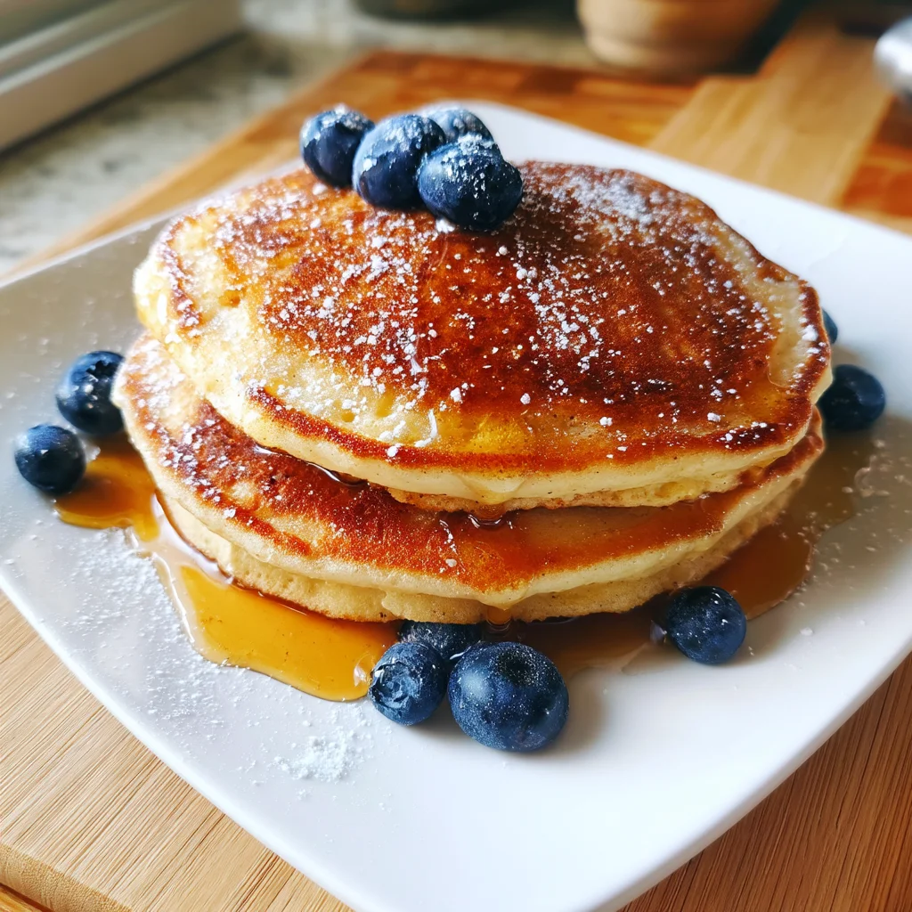 golden fluffy Copycat Trader Joe's Protein Pancakes stacked high with glossy maple syrup drizzle and fresh berries