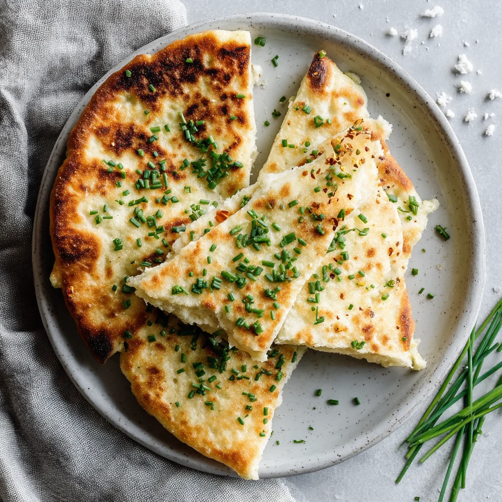 golden 2 ingredient cottage cheese flatbread with crispy edges and soft texture, topped with fresh herbs