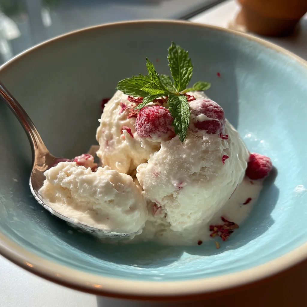 creamy homemade cottage cheese ice cream with fresh berry swirls in a white bowl