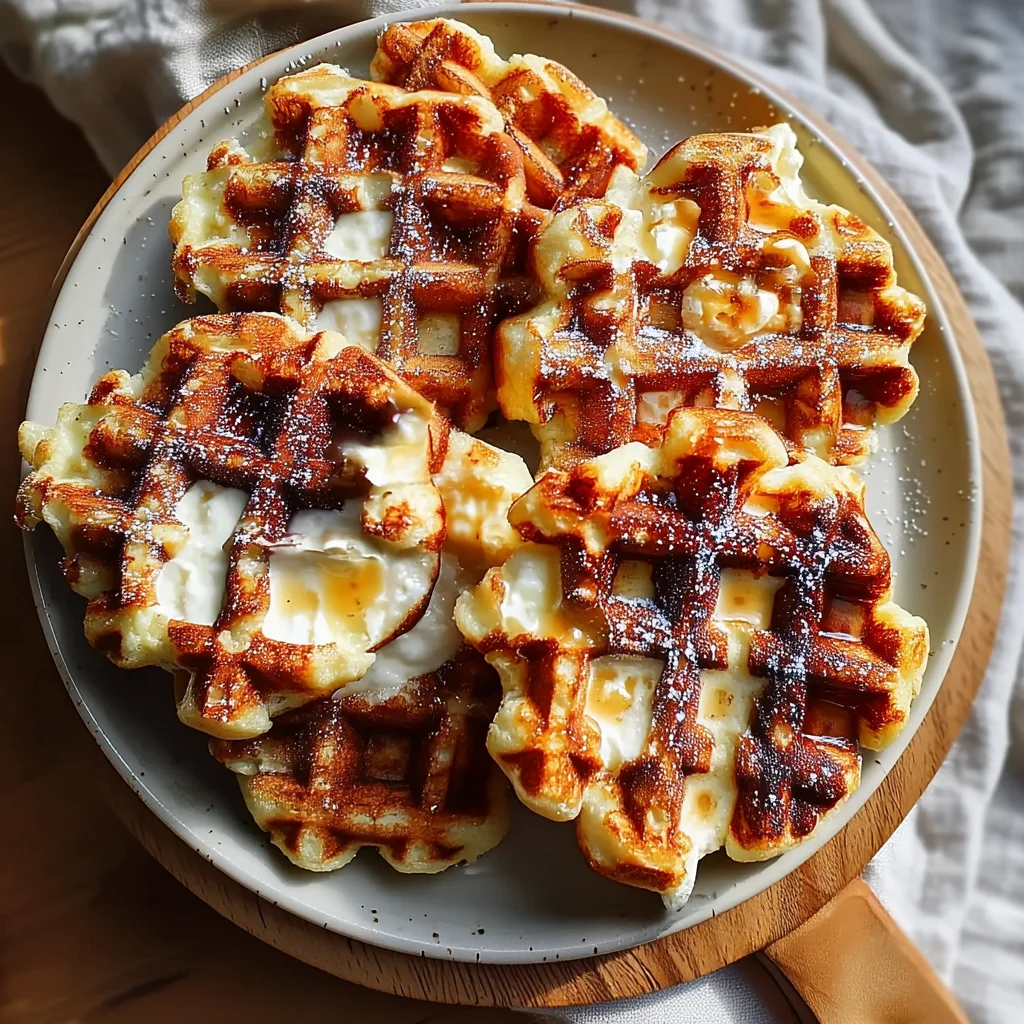 golden crispy cottage cheese waffles with creamy texture and light syrup drizzle on white plate