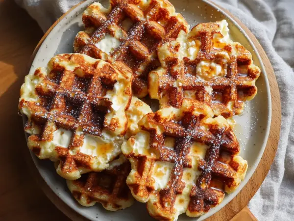 golden cottage cheese waffles with crispy edges, drizzled with syrup and topped with fresh berries