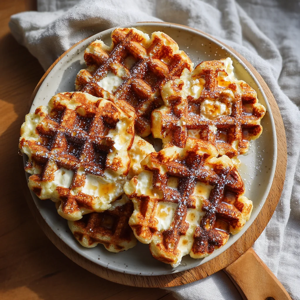golden cottage cheese waffles with crispy edges, drizzled with syrup and topped with fresh berries