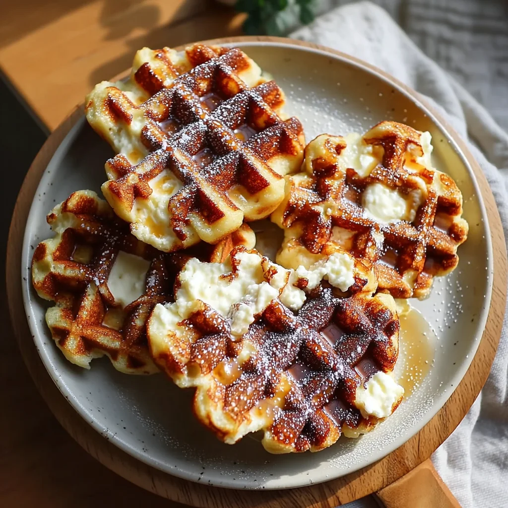 golden cottage cheese waffles with crispy edges, topped with fresh berries and maple syrup drizzle