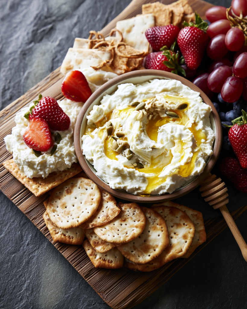 Crackers topped with whipped cottage cheese, strawberry, honey, and pumpkin seeds from a snack board