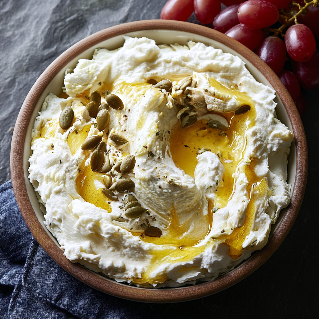 Close-up of whipped cottage cheese with a honey drizzle and pumpkin seeds