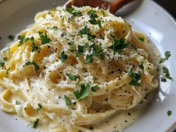 Creamy Alfredo Sauce in a white ceramic dish, glossy sauce coating fresh pasta with golden edges and sprinkled parsley