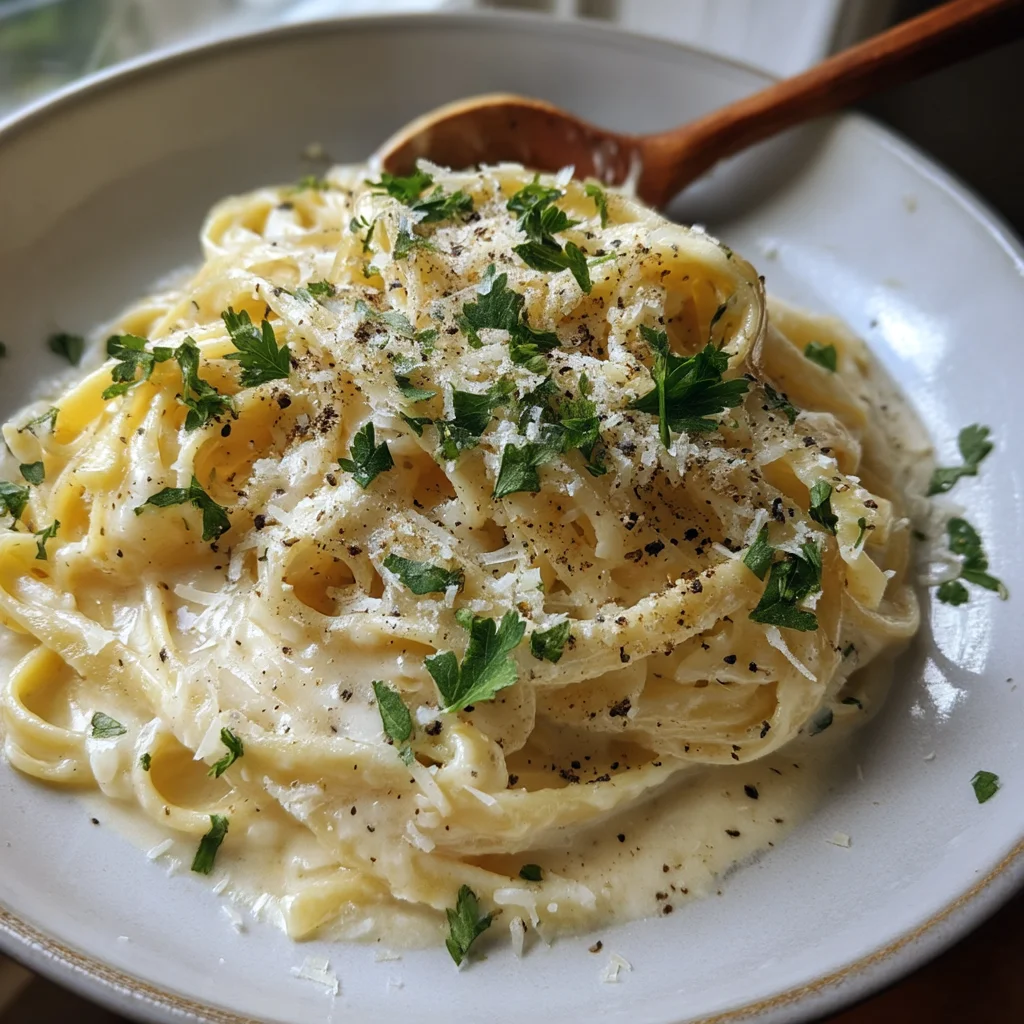 Creamy Alfredo Sauce in a white ceramic dish, glossy sauce coating fresh pasta with golden edges and sprinkled parsley