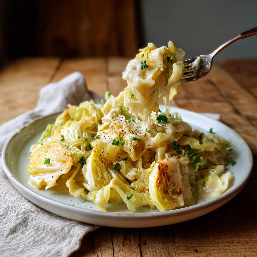 creamy cabbage alfredo with golden edges in white ceramic dish, fresh herbs on top