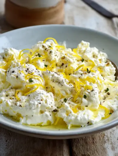 creamy lemon pepper cottage cheese in white ceramic dish with golden edges and fresh cracked pepper