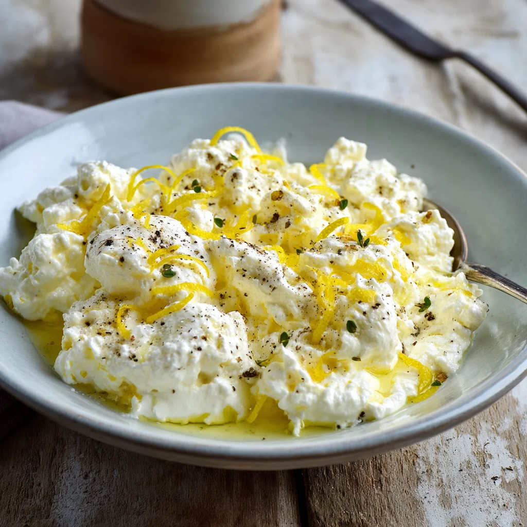creamy lemon pepper cottage cheese in white ceramic dish with golden edges and fresh cracked pepper