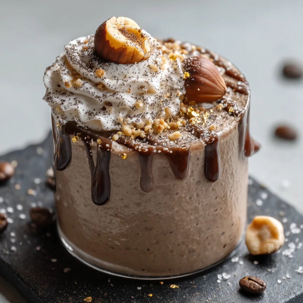 creamy mocha hazelnut mousse in white ceramic dish with chocolate shavings and roasted hazelnut garnish