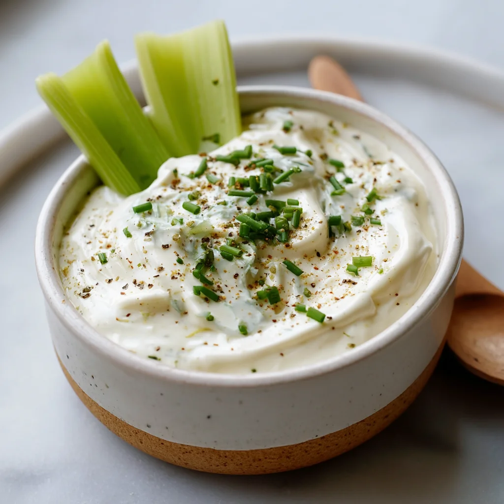 creamy ranch dip in a white ceramic dish with fresh herbs sprinkled on top, perfect for dipping