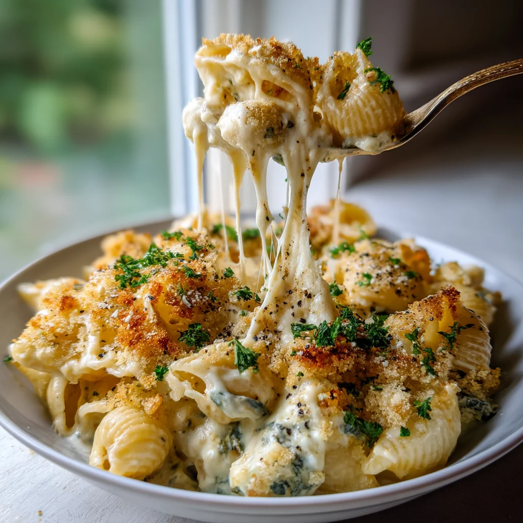 creamy spinach artichoke mac and cheese with golden crust in white baking dish