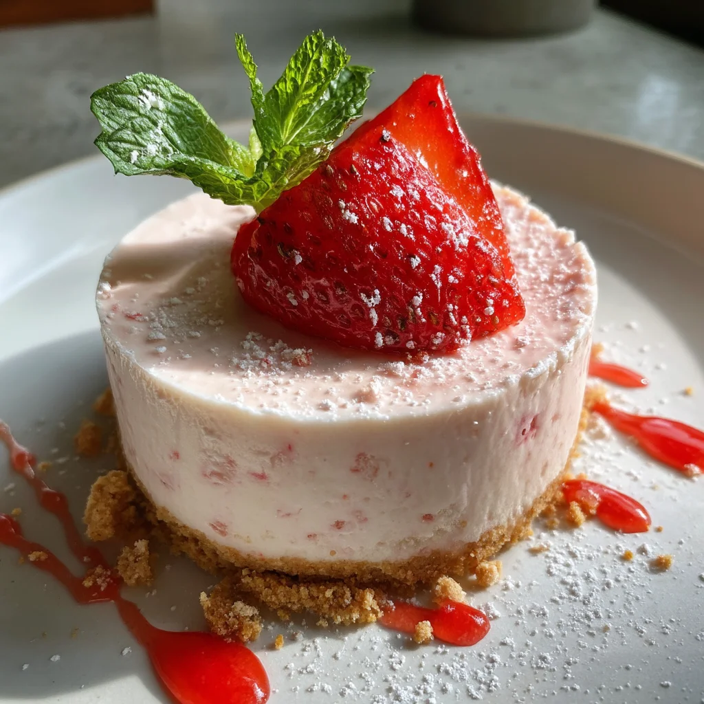 creamy strawberry cheesecake mousse in a white ceramic dish with fresh strawberry slices and graham cracker crumbs