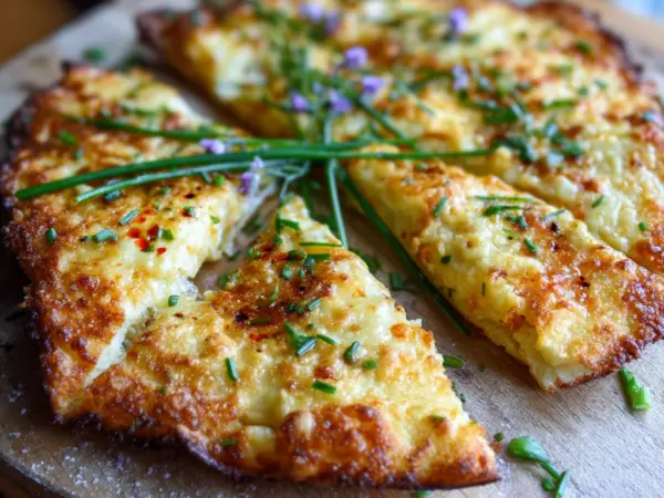 golden crispy cottage cheese crust with bubbling edges and fresh herb garnish in white ceramic dish