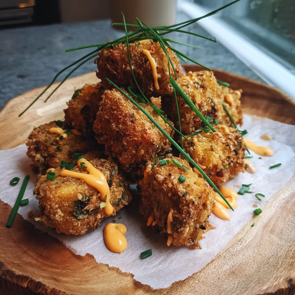 crispy protein nuggets coated in golden glaze, served in a white ceramic dish with fresh herbs sprinkled on top