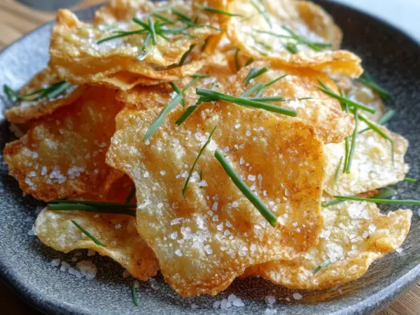 Crispy salt vinegar cottage cheese chips baked to perfection with golden edges and a glossy coating, sprinkled with fresh her