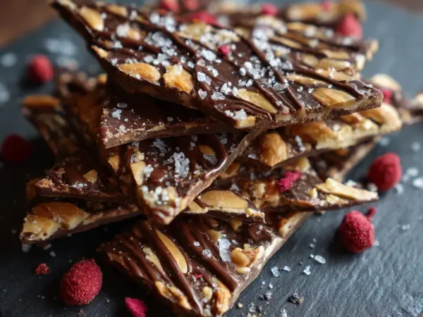 homemade protein bark with chocolate drizzle and crushed nuts on marble counter
